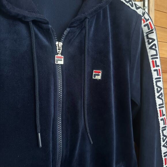 UNISEX Retro FILA Velour Track Men SZ S TOP CONDITION Hooded Navy Maureen Jacket - Picture 9 of 16